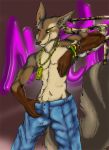  2008 bottomwear canid canine canis clothed clothing jackal jeans jewelry looking_at_viewer male mammal pants randomdragon solo topless yellow_eyes 
