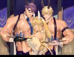  1girl 2boys artoria_pendragon_(all) artoria_pendragon_(swimsuit_ruler)_(fate) black_gloves black_pants blue_eyes blue_neckwear boy_sandwich bunny_boy bunny_girl bunnysuit chippendales fate/grand_order fate_(series) gawain_(fate/extra) glasses gloves green_eyes hand_on_another&#039;s_chest height_difference highres lancelot_(fate/grand_order) leotard long_hair looking_at_viewer multiple_boys muscle nari_(kal_brot) necktie nipples pants poker_chip ponytail purple_eyes sandwiched shirtless suspenders tray white_gloves white_leotard 