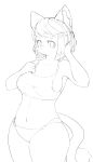  4_fingers anthro big_breasts black_and_white blush breasts cleavage clothed clothing domestic_cat felid feline felis female fingers hair hi_res kemono kuri-karu mammal monochrome navel side_boob simple_background snout solo standing white_background 