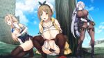  3girls atelier_(series) atelier_ryza bare_shoulders blonde_hair blush bodysuit braid breasts brown_eyes brown_hair cleavage covered_nipples daiaru day fingering gloves green_eyes hair_ornament hairband hairclip hat jewelry klaudia_valentz kneeling large_breasts lila_decyrus long_hair low_twintails masturbation multiple_girls necklace nipples open_mouth outdoors pantyhose pubic_tattoo pussy pussy_juice reisalin_stout see-through short_hair silver_hair spread_legs squatting standing tattoo thighhighs thighs tree twintails very_long_hair white_headwear 