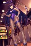  1girl absurdres animal_ears bangs bar bare_shoulders blush bottle breasts bunny_ears bunnysuit cleavage cup detached_collar drinking_glass fate/grand_order fate_(series) fishnet_pantyhose fishnets full_body hair_intakes highres large_breasts leg_garter legs long_hair looking_at_viewer pantyhose purple_hair red_eyes scathach_(fate)_(all) scathach_(fate/grand_order) smile solo takinashi_(friend_coffee) thighs wine_bottle wine_glass wrist_cuffs 