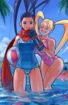  4girls alternate_costume antenna_hair arm_guards ass_visible_through_thighs ball beach beachball black_hair blanka blonde_hair blue_eyes cammy_white closed_eyes english_commentary fingerless_gloves gloves high_ponytail highres ibuki_(street_fighter) innertube john_crayton looking_at_viewer makoto_(street_fighter) multiple_girls ocean one-piece_swimsuit rainbow_mika red_scarf scarf smile street_fighter street_fighter_iii_(series) street_fighter_v swimsuit thigh_gap twintails water wet 