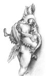  2019 against_wall anthro avian beak black_and_white breath_of_the_wild fur hi_res hyaenid kass_(tloz) male male/male mammal monochrome neverwolf nintendo rito sex simple_background standing the_legend_of_zelda video_games white_background 