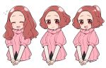  1girl :d alternate_hair_length alternate_hairstyle brown_eyes brown_hair closed_eyes closed_mouth do_m_kaeru flying_sweatdrops hair_up hands_together long_hair long_sleeves multiple_views okumura_haru open_mouth own_hands_together persona persona_5 pink_sweater ponytail puffy_short_sleeves puffy_sleeves ribbed_sweater short_over_long_sleeves short_sleeves simple_background smile sweater twitter_username upper_body variations white_background |d 
