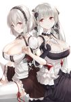  2girls absurdres azur_lane bangs bare_shoulders between_breasts black_dress blush breasts choker cleavage dress eyebrows_visible_through_hair formidable_(azur_lane) frilled_dress frills grey_hair hair_between_eyes hair_ribbon hairband highres lace-trimmed_hairband large_breasts locked_arms long_hair long_sleeves looking_at_viewer maid monyu_(monyupop) multiple_girls red_eyes ribbon short_hair sidelocks simple_background sirius_(azur_lane) sitting thighhighs twintails two-tone_dress two-tone_ribbon very_long_hair white_background white_dress white_hair white_legwear 