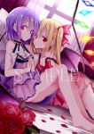  2girls backlighting bangs bare_arms bare_shoulders bat_wings bed_sheet blonde_hair breasts cleavage commentary_request crystal curtains dress dutch_angle eyebrows_visible_through_hair flandre_scarlet flower givuchoko glowing hair_between_eyes hair_ribbon holding_hands indoors interlocked_fingers long_hair medium_breasts multiple_girls one_side_up petals pillow pink_dress purple_dress purple_eyes purple_hair purple_wings red_eyes red_flower red_ribbon red_rose remilia_scarlet ribbon rose rose_petals sample sleeveless sleeveless_dress sunlight touhou transparent transparent_wings window wings 