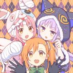  3girls akane_mimi alternate_costume animal_hat brown_eyes commentary_request gloves gucchiann hat highres hikawa_kyoka hodaka_misogi looking_at_viewer multiple_girls open_mouth orange_hair patterned_background pink_hair pointy_ears portrait princess_connect! princess_connect!_re:dive purple_hair ribbon side_ponytail 