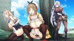  3girls atelier_(series) atelier_ryza bare_shoulders blonde_hair blush bodysuit braid breasts brown_eyes brown_hair cleavage covered_nipples daiaru day fingering gloves green_eyes hair_ornament hairband hairclip hat heterochromia jewelry klaudia_valentz kneeling large_breasts lila_decyrus long_hair low_twintails masturbation multiple_girls necklace nipples open_mouth outdoors pantyhose pubic_tattoo pussy pussy_juice reisalin_stout see-through short_hair silver_hair spread_legs squatting standing tattoo thighhighs thighs tree twintails very_long_hair white_headwear 