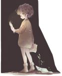  androgynous arm_at_side artist_name brown_hair brown_legwear brown_sweater brown_theme curly_hair fairyapple from_behind full_body fur_trim glowing holding holding_paper long_sleeves no_shoes original overgrown paper plant reading short_hair smile socks solo sprout standing sweater 