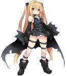  1girl :&lt; bangs belt belt_buckle black_belt black_dress black_footwear black_sleeves blonde_hair boots breasts buckle closed_mouth detached_sleeves dress eyebrows_visible_through_hair full_body hair_between_eyes hair_intakes hair_ornament highres karukan_(monjya) konjiki_no_yami leg_belt long_hair long_sleeves looking_at_viewer panties red_eyes short_dress sidelocks simple_background sleeveless sleeveless_dress sleeves_past_fingers sleeves_past_wrists small_breasts solo standing to_love-ru to_love-ru_darkness two_side_up underwear v-shaped_eyebrows very_long_hair white_background white_panties wide_sleeves 