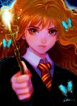  1girl bangs brown_eyes brown_hair bug butterfly closed_mouth gryffindor harry_potter hermione_granger hogwarts_school_uniform holding holding_wand insect long_hair looking_at_viewer magic necktie nyamunekonabe school_uniform signature solo upper_body wand 