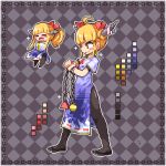 1girl ahoge argyle argyle_background bangs black_footwear black_legwear blonde_hair blunt_bangs blush_stickers chain chibi china_dress chinese_clothes closed_mouth color_guide commentary_request dress flats full_body hands_in_opposite_sleeves horn_ribbon horns ibuki_suika kumamoto_(bbtonhk2) lowres multiple_views oni pantyhose pixel_art ponytail pyramid_(geometry) red_ribbon ribbon short_sleeves side_slit sidelocks smile sparkle sphere standing touhou yellow_eyes 