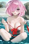  1girl bare_shoulders beach breasts cleavage fate/grand_order fate_(series) glasses hair_over_one_eye highres indian_style large_breasts looking_at_viewer mash_kyrielight open_mouth partially_submerged pink_eyes pink_hair red-framed_eyewear ryan_tien sitting solo swimsuit white_swimsuit 