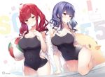  2girls ahoge azur_lane bangs bare_shoulders black_swimsuit blush breasts cleavage climbing collarbone covered_navel eyebrows_visible_through_hair holding_beachball large_breasts long_hair looking_at_viewer multiple_girls off_shoulder one-piece_swimsuit parted_lips pola_(azur_lane) pool purple_hair red_eyes red_hair senji_(tegone_spike) side_cutout smile swimsuit twintails wading wet zara_(azur_lane) 