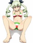  1girl anchovy aono3 arm_support bangs barefoot bikini black_ribbon breasts commentary drill_hair eyebrows_visible_through_hair flag_print full_body girls_und_panzer grin hair_ribbon head_tilt highres italian_flag italian_flag_bikini leaning_back legs long_hair looking_at_viewer medium_breasts navel print_bikini red_eyes ribbon shadow simple_background sitting smile solo swimsuit twin_drills twintails white_background 