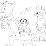  1:1 anthro arctic_fox arrest black_and_white bodily_fluids canid canine clothed clothing dialogue disney english_text eyes_closed female fox group jack_savage lagomorph leporid male mammal monochrome necktie nick_wilde police_uniform rabbit replytoanons sketch skye_(zootopia) tears teeth text uniform walking zootopia 