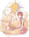  2boys barefoot blonde_hair brown_eyes brown_hair chain feet full_body highres kneeling konzen_douji long_hair male_focus max_(744275974) multiple_boys pinky_swear ponytail saiyuki sidelocks son_goku_(saiyuki) star sun very_long_hair 