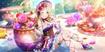  1girl ;p artist_request blonde_hair blue_footwear blush bonnet bow cookie corset cup detached_sleeves flower food food_on_face frilled_sleeves frills garden hair_flower hair_ornament hand_on_own_face hat high_heels highres holding holding_flower icing long_hair looking_at_viewer love_live! love_live!_school_idol_festival_all_stars love_live!_sunshine!! minigirl official_art ohara_mari one_eye_closed pink_flower pink_rose purple_headwear rose sitting smile solo stopwatch sugar_bowl teacup tongue tongue_out underbust watch yellow_eyes 