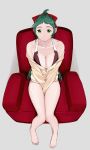  1girl armchair barefoot beige_jacket between_legs bikini bikini_under_clothes black_bikini breasts chair cleavage collarbone couch full_body green_eyes green_hair grey_background hair_ornament hand_between_legs highres hood hooded_jacket hoodie irako_(kantai_collection) jacket kantai_collection large_breasts light_smile long_hair long_sleeves looking_at_viewer no_pants off-shoulder_jacket off_shoulder ojipon ponytail simple_background sitting smile solo swimsuit swimsuit_under_clothes toenails toes 