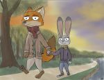  anothercolouranon anthro canid canine clothed clothing disney duo female fox hand_holding judy_hopps lagomorph leporid male mammal nick_wilde rabbit scarf tree walking zootopia 