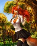  2019 5_fingers anthro canid canine canis clothed clothing day detailed_background digital_media_(artwork) domestic_dog elvofirida female fingers hair hera_(hera) hi_res mammal open_mouth orange_eyes outside red_hair sky smile solo standing teeth tongue 