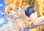  absurdres albacore_(azur_lane) ass azur_lane blonde_hair blurry blurry_background blush bottle buruma commentary_request green_eyes gym_uniform hair_between_eyes highres kneeling leaf long_hair looking_at_viewer open_mouth sirono-ra0929 sports_festival tree twitter_username water_bottle 