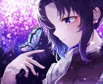  black_hair butterfly_hair_ornament butterfly_on_finger face flower hair_ornament highres kimetsu_no_yaiba kochou_shinobu parted_lips petals profile purple_eyes sidelocks solo sunhyun upper_body wisteria 