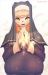 absurd_res big_breasts blonde_hair breasts clothed clothing cross eyelashes female hair hi_res huge_breasts jewelry looking_at_viewer mammal necklace nun open_mouth sharp_teeth smile solo teeth theobrobine yellow_eyes 