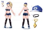  1girl back bandeau bare_shoulders baseball_cap black_collar black_legwear blonde_hair blue_footwear blue_headwear blue_shorts blue_top breasts chain character_sheet cleavage collar dungeon_and_fighter from_behind full_body green_eyes hat large_breasts looking_to_the_side midriff multiple_views navel outstretched_arm ponytail sangobob shorts standing thighhighs torn_clothes torn_legwear turnaround 