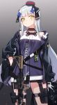  1girl assault_rifle bangs bare_shoulders black_hairband black_jacket blunt_bangs clover_hair_ornament dress eyebrows_visible_through_hair facial_mark four-leaf_clover_hair_ornament girls_frontline gloves gun h&amp;k_hk416 hair_ornament hairband hand_in_pocket hat highres hk416_(girls_frontline) holster jacket long_hair long_sleeves looking_at_viewer narynn off_shoulder rifle short_dress silver_hair solo teardrop thigh_holster twitter_username weapon white_gloves yellow_eyes 