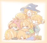  1girl 6+boys :o animal_ears bill_weasley blue_eyes bow bowtie box brother_and_sister brothers cardboard_box charlie_weasley chibi covered_eyes food_themed_hair_ornament fred_weasley george_weasley ginny_weasley hair_ornament halloween halloween_costume happy harry_potter hat jack-o&#039;-lantern kapirusu lying multiple_boys on_stomach orange_hair outstretched_arm percy_weasley pumpkin_hair_ornament riding ron_weasley short_hair siblings standing twins v witch_hat 