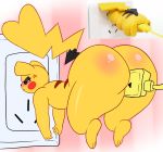  2019 3_toes 4_fingers angry anthro big_butt black_nose blush brown_eyes butt charger cleft_tail digital_media_(artwork) eyelashes eyewear female fingers fur half-closed_eyes hi_res kirbot12 looking_back mammal nintendo pikachu pivoted_ears pok&eacute;mon pok&eacute;mon_(species) rear_view solo toes vaginal video_games yellow_fur 