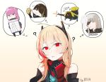  1girl ? artist_name bare_shoulders black_hair blonde_hair boca eating eyepatch girls_frontline green_hair hair_between_eyes headgear highres imagining long_hair m16a1_(girls_frontline)_(boss) m4_sopmod_ii_(girls_frontline) m4a1_(girls_frontline) medium_hair multicolored_hair pink_hair red_eyes red_hair ro635_(dinergate) sangvis_ferri st_ar-15_(girls_frontline) streaked_hair thought_bubble 