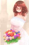  1girl alternate_breast_size arano_oki bare_shoulders blush bouquet breasts brown_hair cleavage collarbone commentary_request dress elbow_gloves flower flower_request glasses gloves happy huge_breasts looking_at_viewer low_twintails older parted_lips red_eyes short_hair smile solo strapless strapless_dress touhou twintails usami_sumireko wedding wedding_dress white_dress white_gloves 