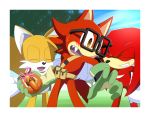  anthro belt blush border canid canine canis chili_dog clothing custom_character_(sonic_forces) echidna eyewear food fox fur glasses gloves grin group handwear happy hi_res holding_food holding_object kalk427 knuckles_the_echidna male mammal miles_prower monotreme outside red_fur smile sonic_(series) sonic_forces white_border wolf yellow_fur 