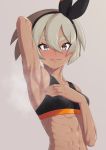  1girl abs absurdres arm_up armpits black_hairband commentary_request dark_skin grey_background grey_eyes grey_hair hair_between_eyes hairband highres looking_at_viewer pokemon pokemon_(game) pokemon_swsh presenting_armpit putchers saitou_(pokemon) short_hair simple_background solo sports_bra steaming_body stomach sweat sweating_profusely toned upper_body 