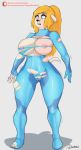  2019 absurd_res animal_humanoid big_breasts blonde_hair blue_eyes breast_expansion breasts butt_from_the_front canid canid_humanoid canine canine_humanoid clothing dog_humanoid doggomeatball female hair hi_res human_to_anthro humanoid mammal mammal_humanoid metroid nintendo ponytail pussy ranged_weapon samus_aran shaking simple_background solo species_transformation standing surprise torn_clothing transformation trembling video_games weapon wide_hips zero_suit 