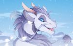  2019 blue_eyes day detailed_background dragon fur furred_dragon greame headshot_portrait hi_res open_mouth outside portrait sky smile teeth tongue 