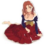  1girl :| alternate_hairstyle arm_support blouse blue_blouse blush breasts brown_eyes brown_hair cleavage closed_mouth commentary_request corset dragon_quest dragon_quest_viii earrings full_body hair_down hair_over_one_eye jessica_albert jewelry long_hair long_skirt long_sleeves looking_at_viewer medium_breasts miyama_(kannsannn) necklace off_shoulder red_skirt shoes simple_background sitting sketch skirt solo white_background white_footwear 