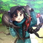 1girl absurdres black_hair doyagao evolvingmonkey fishing fishing_rod gloves hat highres insect_girl jacket lobster looking_at_viewer monster_girl original outdoors partly_fingerless_gloves red_eyes scorpion_girl scorpion_tsuchida twintails 