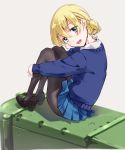  1girl :d bangs black_legwear blonde_hair blue_eyes braid darjeeling girls_und_panzer highres loafers looking_at_viewer open_mouth pantyhose pleated_skirt school_uniform shoes sitting skirt sleeves_past_wrists smile solo suzuki24 teeth 