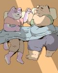  2017 anthro bedding belly blanket blush bottomwear canid canine clothing duo eyes_closed hand_holding hi_res lying male male/male mammal pants pillow pommn_mn shirt sleeping slightly_chubby topwear ursid 
