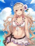  1girl bikini black_hairband blue_sky breasts cleavage cloud commentary_request corrin_(fire_emblem) corrin_(fire_emblem)_(female) day fire_emblem fire_emblem_fates fire_emblem_heroes flower hair_flower hair_ornament hairband haru_(nakajou-28) highres long_hair navel outdoors parted_lips red_eyes sky solo swimsuit water white_hair wreath 