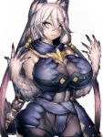  1girl animal_ears atelier_(series) atelier_ryza bare_shoulders breasts cleavage commentary_request covered_navel fang fumio_(rsqkr) fur heterochromia highres huge_breasts lila_decyrus long_hair looking_at_viewer purple_eyes red_eyes silver_hair simple_background solo very_long_hair white_background wolf_ears 