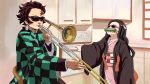  1boy 1girl asa_no_ha_(pattern) bamboo bit_gag checkered checkered_obi commentary english_commentary forehead_scar gag hair_slicked_back haori highres instrument japanese_clothes justin_leyva_(steamy_tomato) kamado_nezuko kamado_tanjirou kimetsu_no_yaiba kimono kitchen music obi pink_kimono pink_ribbon playing_instrument ribbon sash sunglasses trumpet when_mama_isn&#039;t_home 