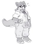  2019 anthro barefoot big_penis bodily_fluids bottomwear bulge canid canine canis claws clothed clothing dogfluid_(fursona) domestic_dog embarrassed erection erection_under_clothing eyewear fur genital_fluids glasses hair hi_res hoodie huge_penis humanoid_penis looking_away male mammal pants penis precum precum_drip sketch slendid slightly_chubby solo standing sweat sweatdrop toe_claws topwear 