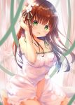  1girl :d amedamacon bangs bare_arms bare_shoulders barefoot between_legs blurry blurry_foreground blush breasts brown_hair cleavage commentary_request curtains depth_of_field dress eyebrows_visible_through_hair flower frilled_dress frills gochuumon_wa_usagi_desu_ka? green_eyes green_ribbon hair_flower hair_ornament hair_ribbon hand_between_legs hand_up head_tilt kneeling long_hair looking_at_viewer medium_breasts open_mouth ribbon sleeveless sleeveless_dress smile solo ujimatsu_chiya very_long_hair white_dress white_flower 