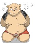  2018 anthro balls belly black_nose blush bottomwear censored clothed clothing hi_res humanoid_hands male mammal moobs navel nipples open_shirt overweight overweight_male penis pommn_mn shirt shorts solo topwear ursid 