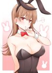  1girl animal_ears bangs bare_shoulders black_leotard blush bow bowtie breasts brown_hair bunny bunny_ears bunny_girl bunnysuit cleavage collarbone eyebrows_visible_through_hair fake_animal_ears fishnets heart jewelry kantai_collection large_breasts leotard long_hair ooi_(kantai_collection) open_mouth red_neckwear ring rui_shi_(rayze_ray) solo spoken_blush upper_body wrist_cuffs 
