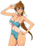  1girl bangs blue_eyes blush breasts brown_hair cleavage commentary_request cowboy_shot eyebrows_visible_through_hair fang hair_ribbon hand_on_hip highleg highleg_swimsuit highres kagemusha large_breasts long_hair looking_at_viewer navel one-piece_swimsuit one-piece_tan open_mouth original partial_commentary ponytail ribbon skindentation smile solo standing stomach_cutout swimsuit tan tanline thighs underboob w yellow_ribbon 